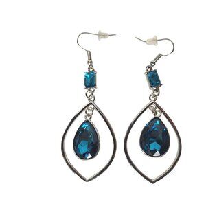 Silver Tone Teardrop Dangle Earrings Blue Gemstones